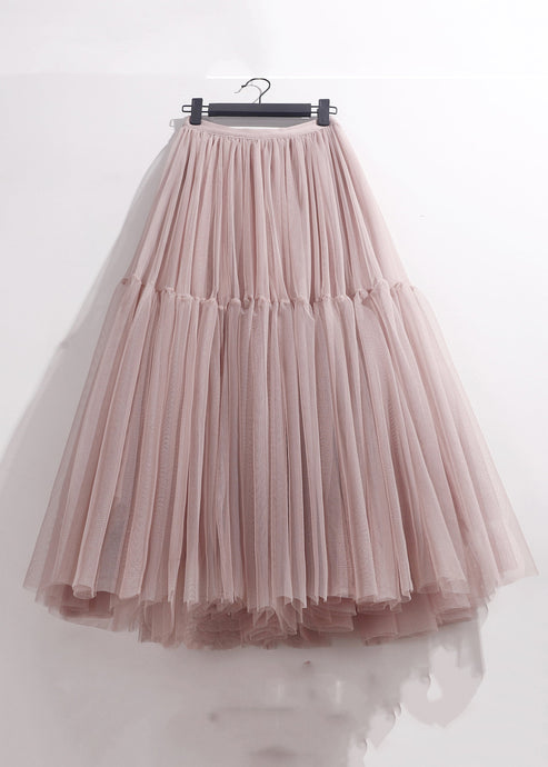 Pink Patchwork Loose Tulle Pleated Skirt High Waist Summer