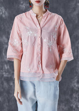 Load image into Gallery viewer, Pink Patchwork Organza Linen Shirts V Neck Embroidered Summer