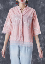 Load image into Gallery viewer, Pink Patchwork Organza Linen Shirts V Neck Embroidered Summer