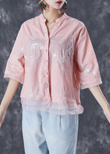 Load image into Gallery viewer, Pink Patchwork Organza Linen Shirts V Neck Embroidered Summer