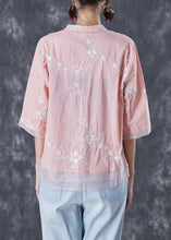 Load image into Gallery viewer, Pink Patchwork Organza Linen Shirts V Neck Embroidered Summer