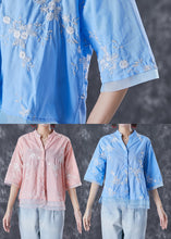 Load image into Gallery viewer, Pink Patchwork Organza Linen Shirts V Neck Embroidered Summer