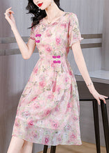 Load image into Gallery viewer, Pink Print Chiffon Dress Ruffled Tasseled Summer