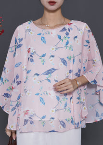 Pink Print Chiffon Top Oversized Batwing Sleeve