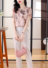 Load image into Gallery viewer, Pink Print Chiffon Top Tasseled Chinese Button Summer