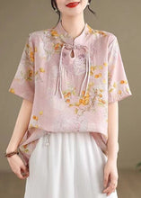 Load image into Gallery viewer, Pink Print Cotton Blouse Stand Collar Short Sleeve