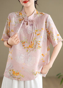 Pink Print Cotton Blouse Stand Collar Short Sleeve