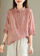 Load image into Gallery viewer, Pink Print Solid Linen Top Button Half Sleeve