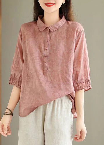 Pink Print Solid Linen Top Button Half Sleeve