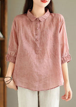 Load image into Gallery viewer, Pink Print Solid Linen Top Button Half Sleeve