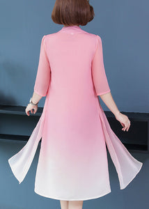 Pink Side Open Chiffon Dresses Stand Collar Half Sleeve