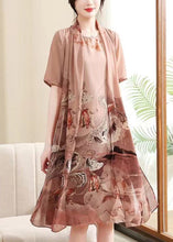 Load image into Gallery viewer, Pink Side Open Print Chiffon Dress O-Neck Short Sleeve