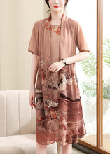 Load image into Gallery viewer, Pink Side Open Print Chiffon Dress O-Neck Short Sleeve