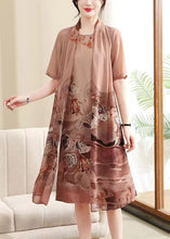 Load image into Gallery viewer, Pink Side Open Print Chiffon Dress O-Neck Short Sleeve