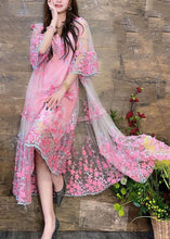 Load image into Gallery viewer, Pink Tulle Cardigans Spaghetti Strap Two Pieces Set Embroidered Summer