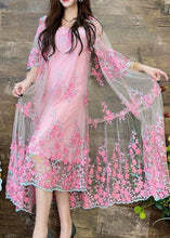 Load image into Gallery viewer, Pink Tulle Cardigans Spaghetti Strap Two Pieces Set Embroidered Summer