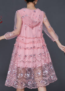 Pink Tulle Hooded Dress Embroidered Summer