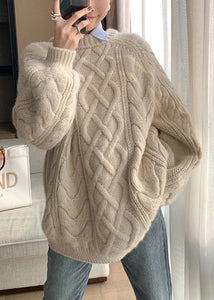 Plus Size Apricot O Neck Thick Cotton Knit Sweater Fall