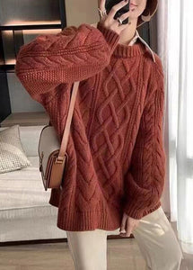 Plus Size Apricot O Neck Thick Cotton Knit Sweater Fall