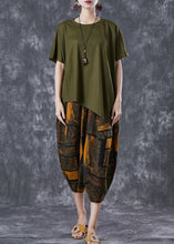 Load image into Gallery viewer, Plus Size Army Green Asymmetrical Print Cotton Two Pieces Set Summer