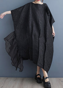 Plus Size Black O-Neck Patchwork Cotton Long Dresses Batwing Sleeve