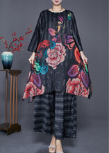 Load image into Gallery viewer, Plus Size Black Oversized Print Side Open Silk Two Pieces Set Summer