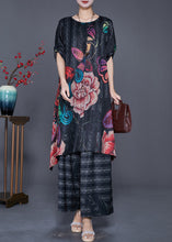 Load image into Gallery viewer, Plus Size Black Oversized Print Side Open Silk Two Pieces Set Summer