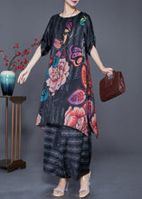 Load image into Gallery viewer, Plus Size Black Oversized Print Side Open Silk Two Pieces Set Summer