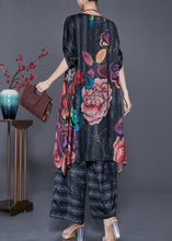 Load image into Gallery viewer, Plus Size Black Oversized Print Side Open Silk Two Pieces Set Summer