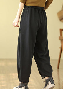 Plus Size Black Pockets Elastic Waist Warm Fleece Pants Winter