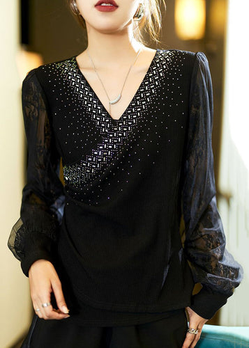 Plus Size Black Zircon Lace Patchwork Cotton Knit Top Long Sleeve