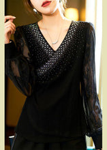 Load image into Gallery viewer, Plus Size Black Zircon Lace Patchwork Cotton Knit Top Long Sleeve