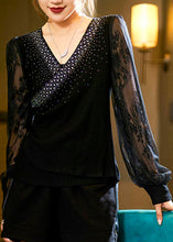 Load image into Gallery viewer, Plus Size Black Zircon Lace Patchwork Cotton Knit Top Long Sleeve