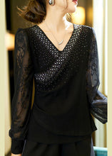 Load image into Gallery viewer, Plus Size Black Zircon Lace Patchwork Cotton Knit Top Long Sleeve