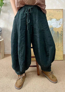 Plus Size Blackish Green Elastic Waist Linen Lantern Pants Summer