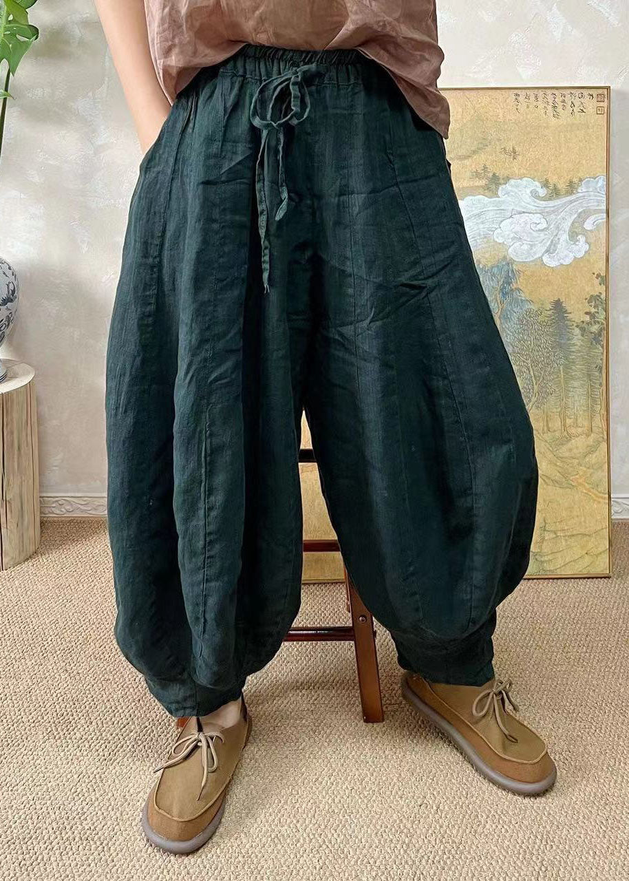 Plus Size Blackish Green Elastic Waist Linen Lantern Pants Summer