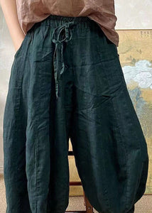 Plus Size Blackish Green Elastic Waist Linen Lantern Pants Summer