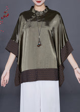 Load image into Gallery viewer, Plus Size Blackish Green Stand Collar Patchwork Silk Shirt Summer