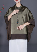 Load image into Gallery viewer, Plus Size Blackish Green Stand Collar Patchwork Silk Shirt Summer