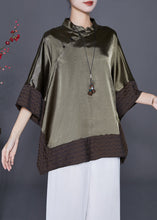 Load image into Gallery viewer, Plus Size Blackish Green Stand Collar Patchwork Silk Shirt Summer