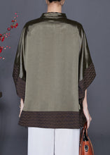 Load image into Gallery viewer, Plus Size Blackish Green Stand Collar Patchwork Silk Shirt Summer