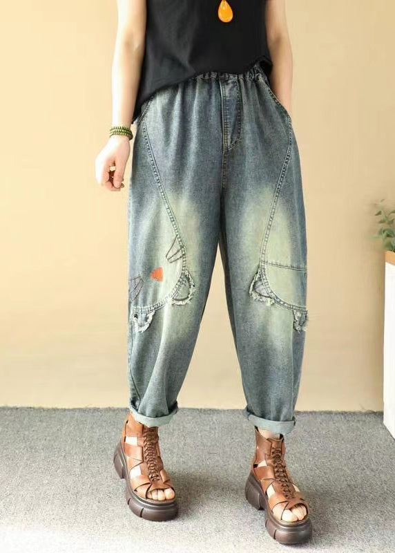 Plus Size Blue Cartoon Embroidered Denim Pants Summer