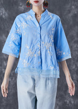 Load image into Gallery viewer, Plus Size Blue Embroidered Patchwork Linen Blouse Tops Summer