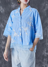 Load image into Gallery viewer, Plus Size Blue Embroidered Patchwork Linen Blouse Tops Summer