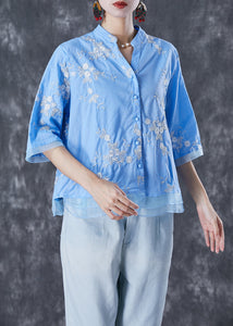 Plus Size Blue Embroidered Patchwork Linen Blouse Tops Summer