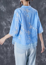 Load image into Gallery viewer, Plus Size Blue Embroidered Patchwork Linen Blouse Tops Summer