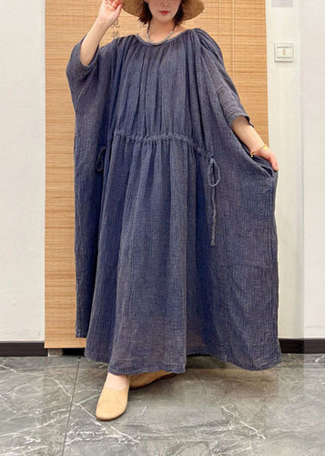 Plus Size Blue O Neck Drawstring Patchwork Linen Long Dresses Summer