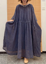 Load image into Gallery viewer, Plus Size Blue O Neck Drawstring Patchwork Linen Long Dresses Summer