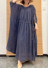 Load image into Gallery viewer, Plus Size Blue O Neck Drawstring Patchwork Linen Long Dresses Summer