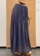 Load image into Gallery viewer, Plus Size Blue O Neck Drawstring Patchwork Linen Long Dresses Summer